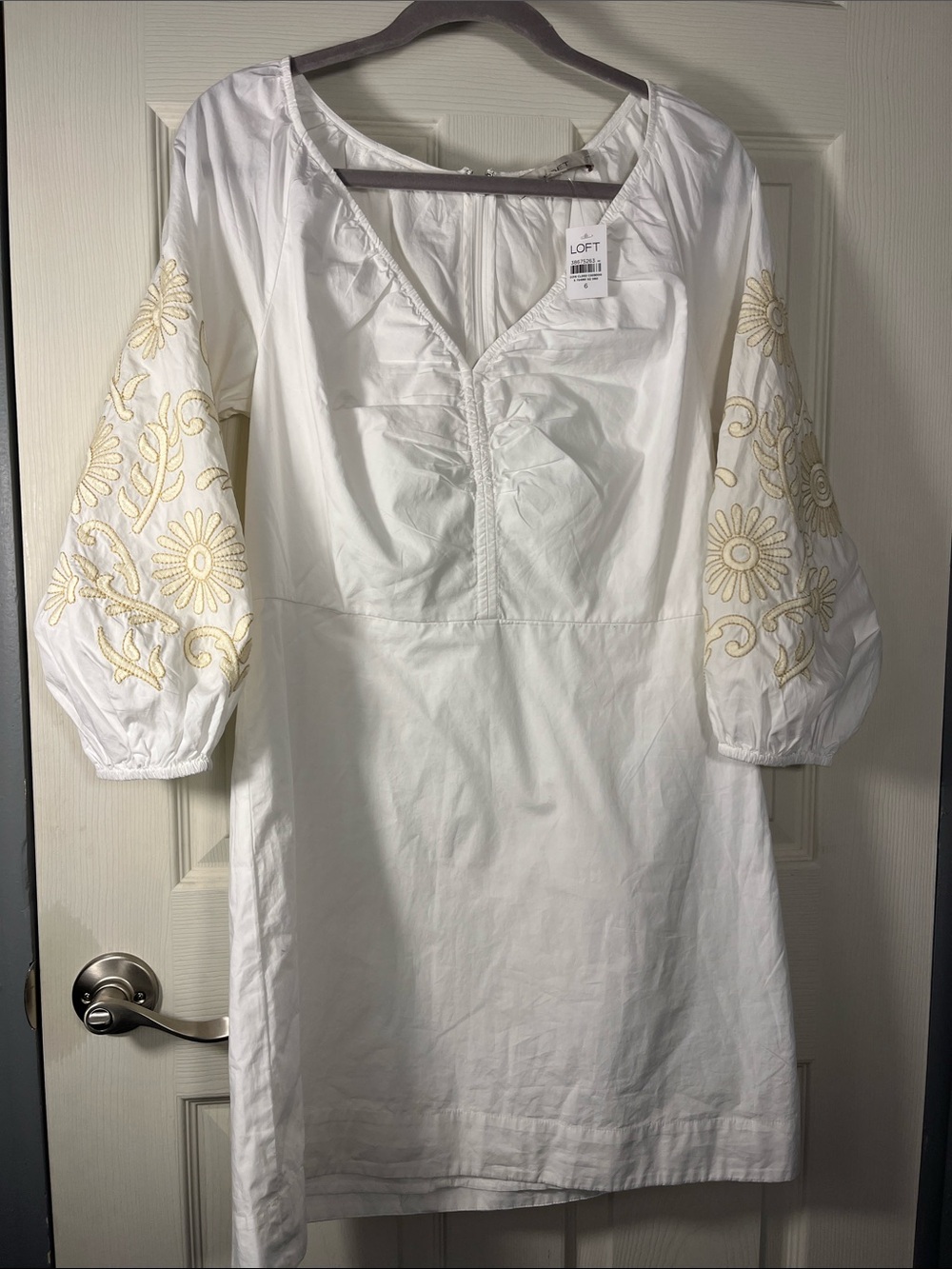 LOFT White Long-Sleeve V-Neck Dress with Cream Embroidered Sleeves
